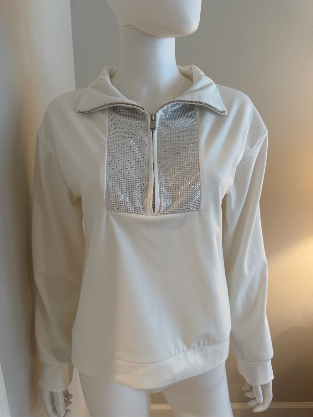 Carbon38 White Zip-Front Pullover with Sparkle Panel